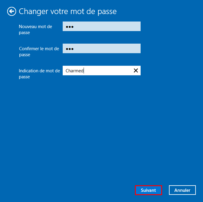 Saisir 2 fois le nouveau mot de passe et l'indication
