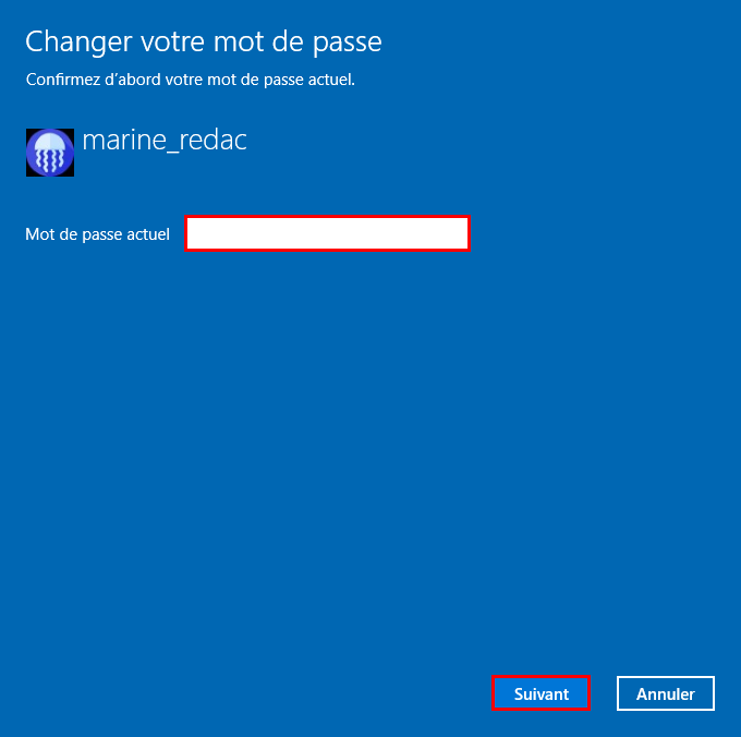Saisir l'actuel mot de passe avant de le changer