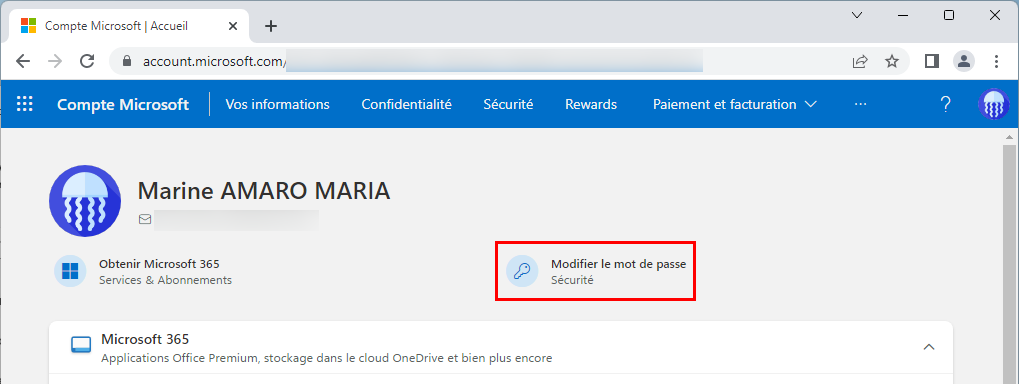Menu Modifier le mot de passe du compte Microsoft