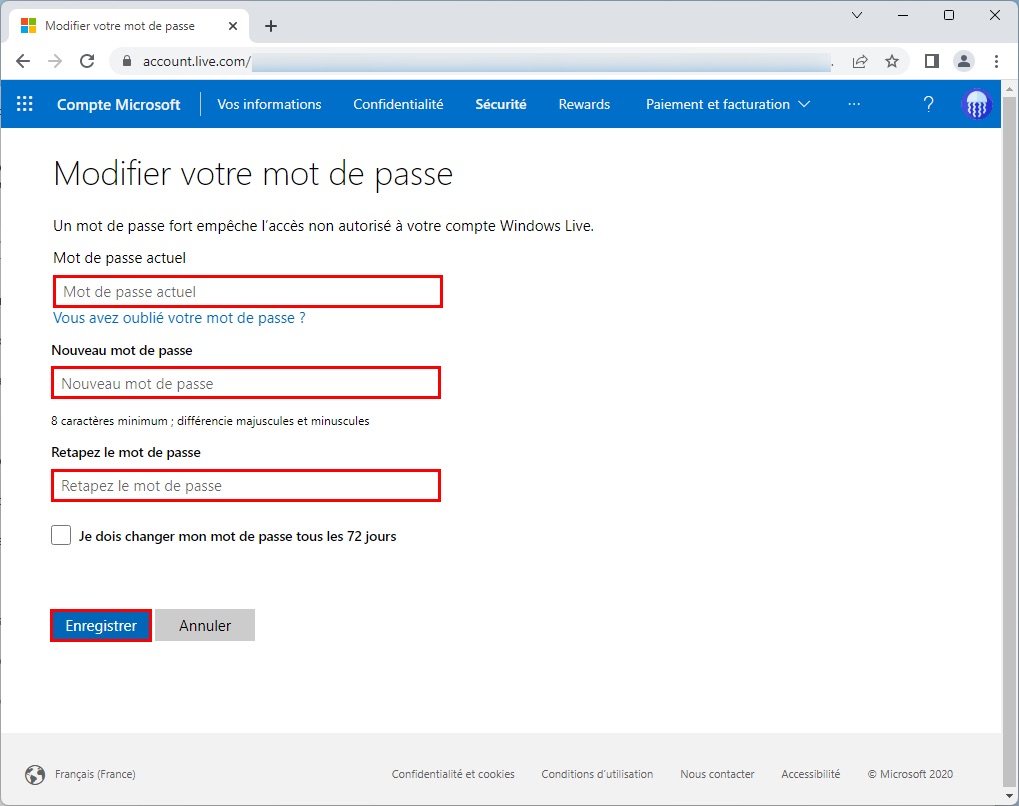 Formulaire pour modifier le mot de passe du compte Microsoft