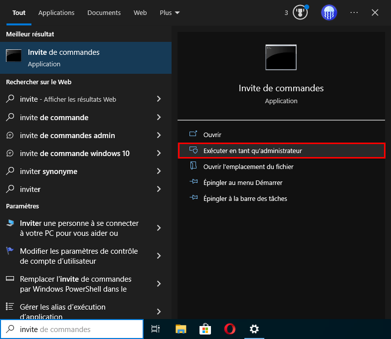 La barre de recherche et l'invite de commandes en admin pour modifier le mot de passe