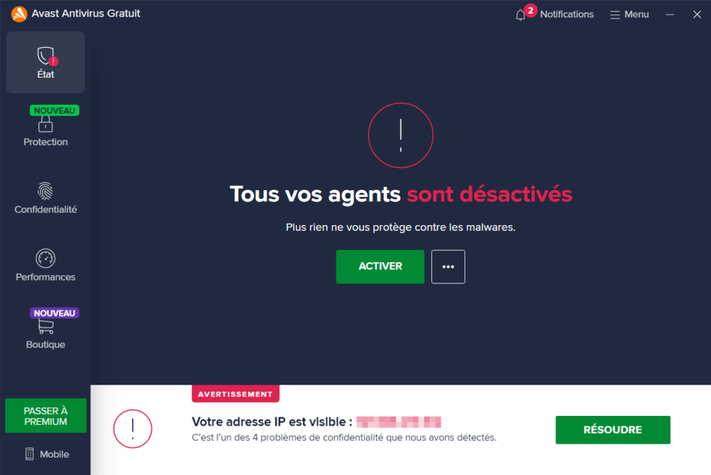Vos agents sont désactivés (Avast)