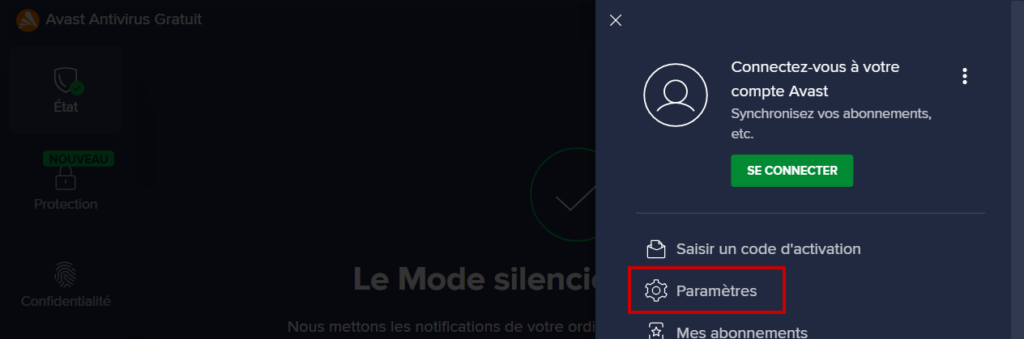 désactiver Avast Antivirus temporairement : paramètres dans l'interface du logiciel Avast