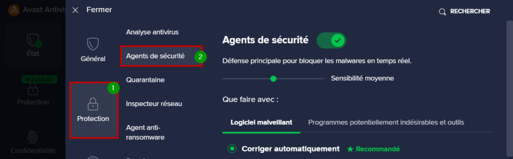 désactiver Avast Antivirus temporairement : agents de sécurité dans l'onglet protection de l'interface d'Avast