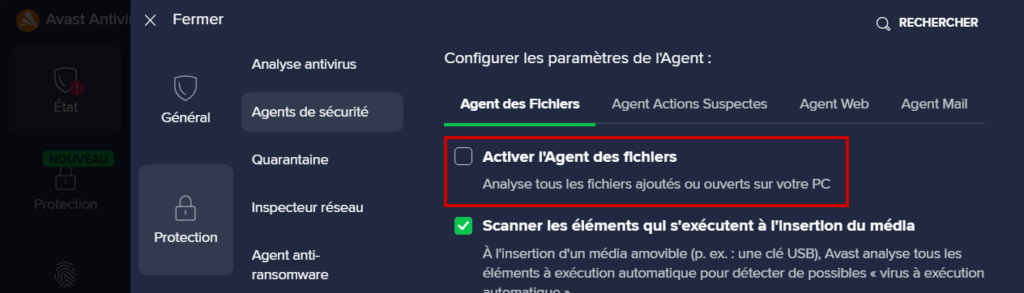 désactiver Avast Antivirus temporairement : agent des fichiers désactivé dans l'interface d'Avast