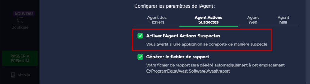 désactiver Avast Antivirus temporairement : agent des fichiers activé dans l'interface d'Avast