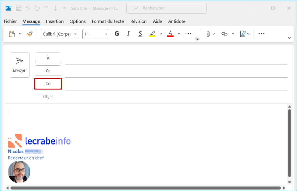 Fonction CCI affichée dans Outlook