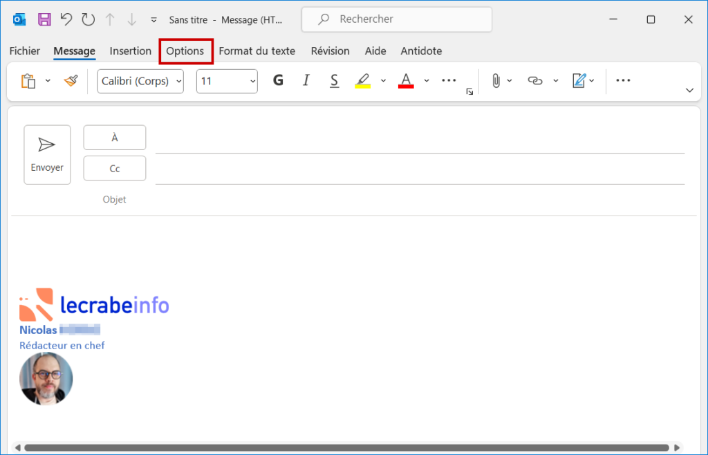 Outlook CCI - entrer dans options