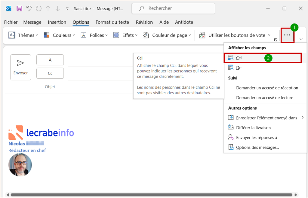 Outlook CCI, faire Autres commandes et CCI