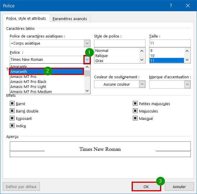 Outlook changer police liste déroulante de polices