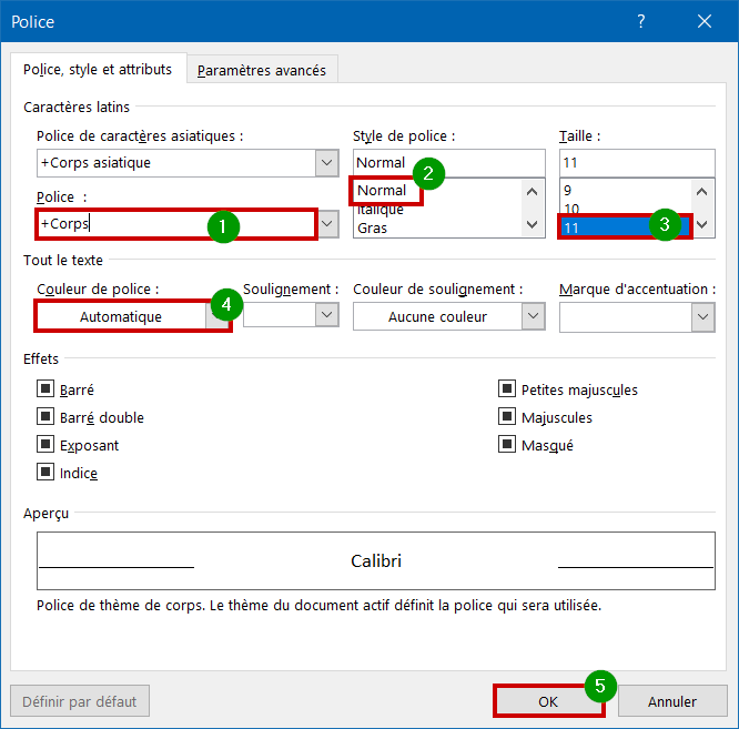Outlook changer police Police par défaut OK