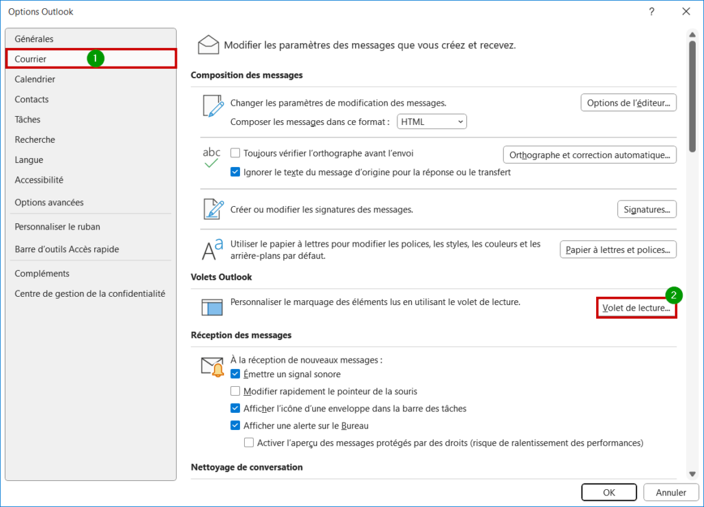 Outlook marquer lu Volet de lecture