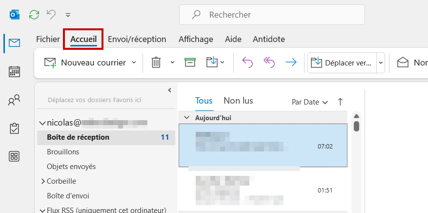 Outlook messages non lus Aller dans Accueil