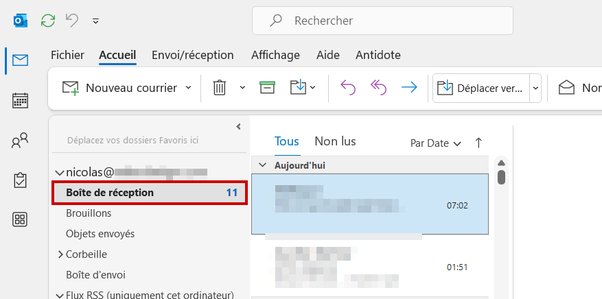 Outlook messages non lus Ouvrir Boîte de réception