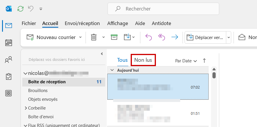 Outlook messages non lus Cliquer sur Non lus