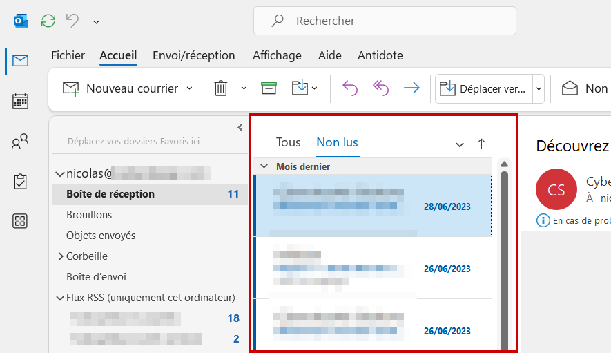 Outlook Affichage des messages non lus