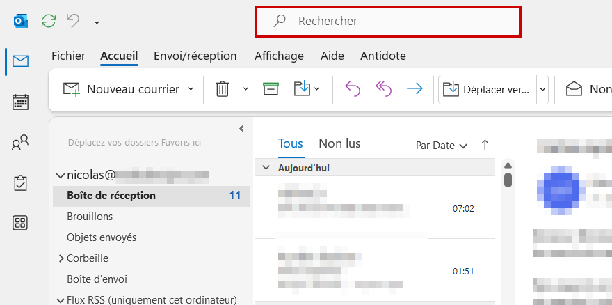 Outlook messages non lus Barre rechercher