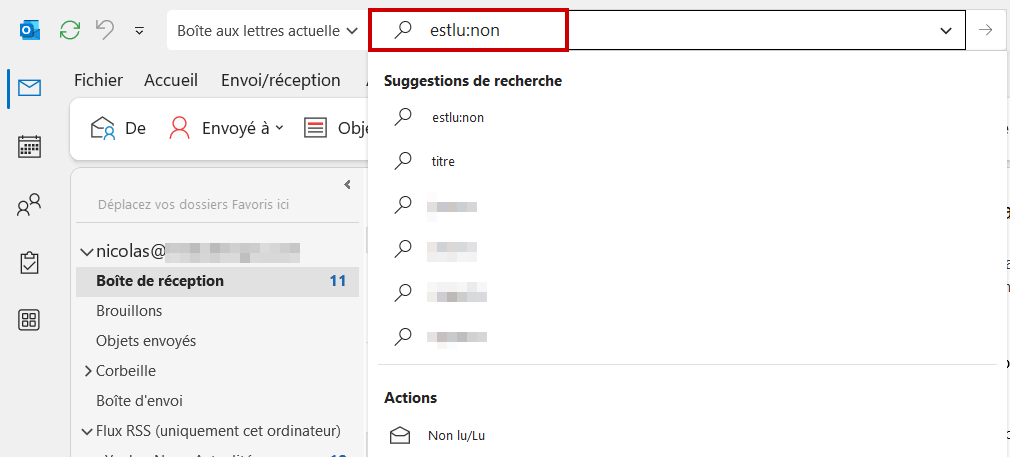 Outlook messages non lus Taper estlu:non
