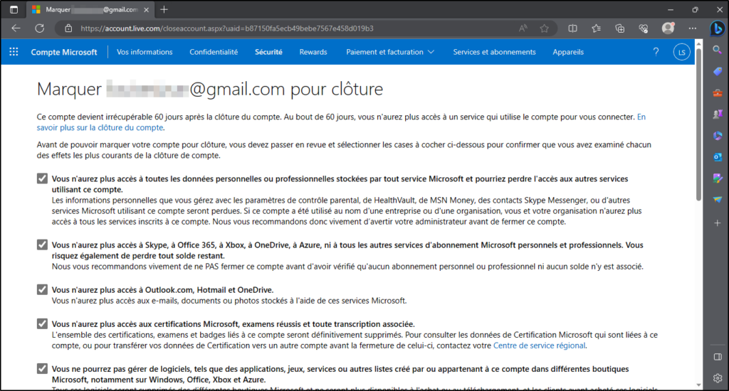 Supprimer compte Microsoft - Cocher chaque case pour confirmer la suppression de son compte microsoft