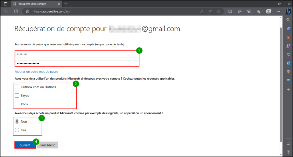 Supprimer compte Microsoft - Remplir le formulaire pour rouvrir son compte microsoft