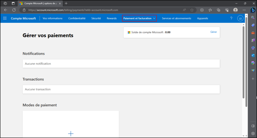 Supprimer compte Microsoft - Pour dépenser son argent, allez sur la page paiement et facturation