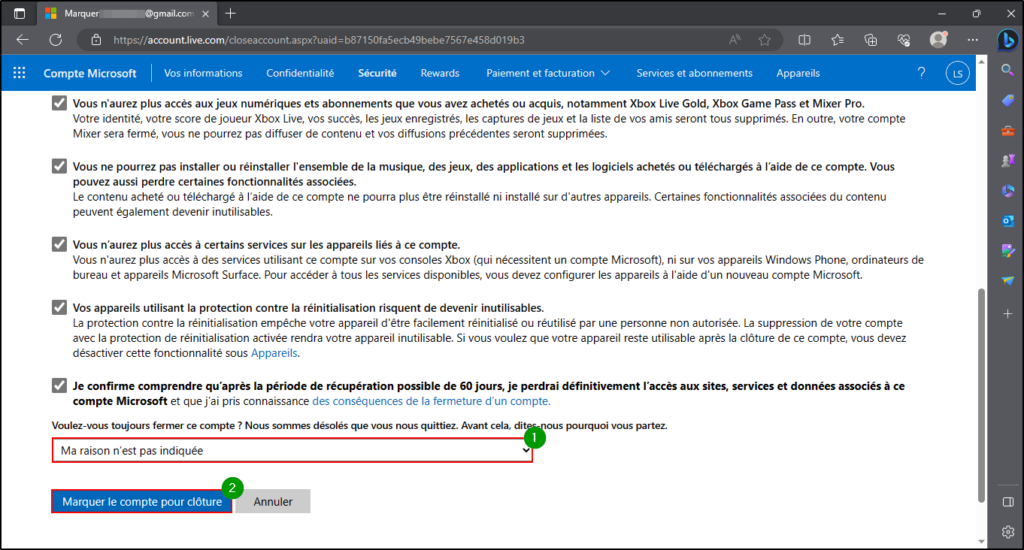Supprimer compte Microsoft - Sélectionner la raison de la suppression de son compte microsoft