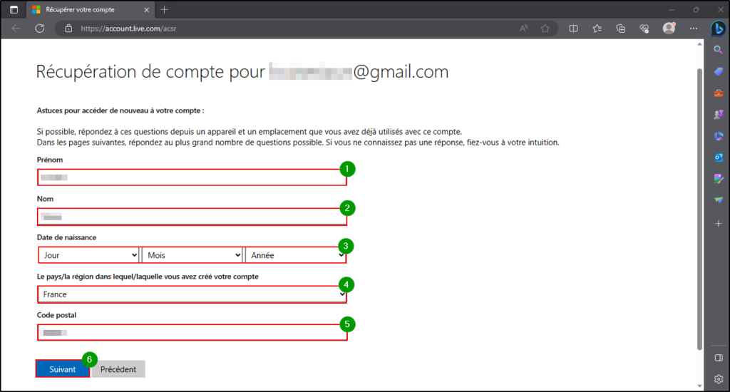 Supprimer compte Microsoft - Completer les encadres pour demander la reouverture de son compte microsoft