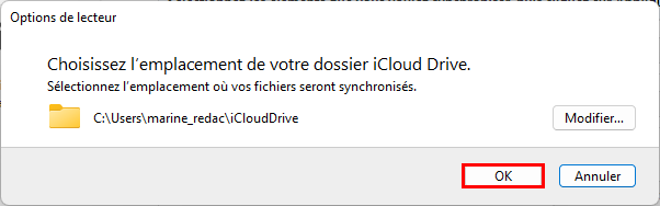 Valider l'emplacement d'iCloud Drive sur Windows