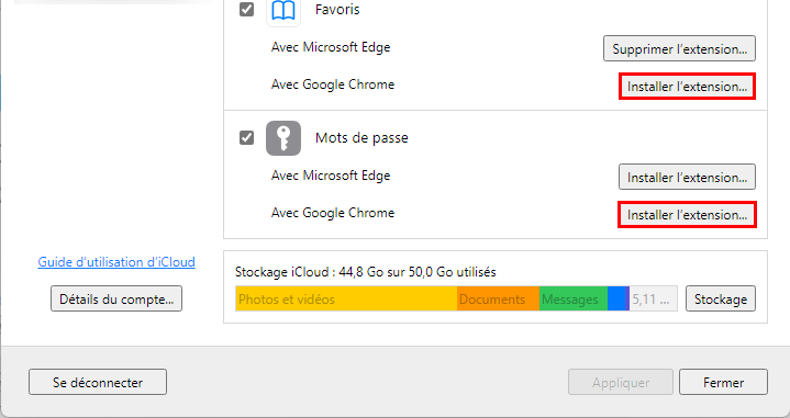 Installer l'extension pour les favoris et mots de passe iCloud sur Windows