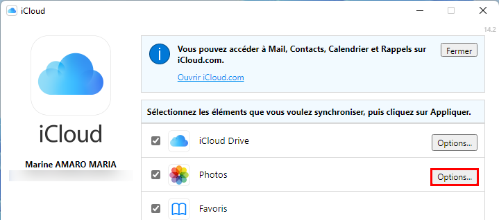 Accéder aux Options de Photos avec iCloud pour Windows