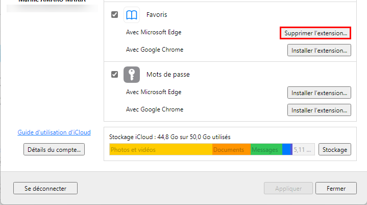 Supprimer les extensions favoris et mots de passe iCloud sur Windows