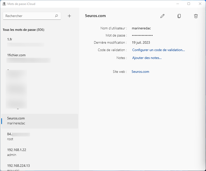 iCloud Windows : app Mots de passe iCloud