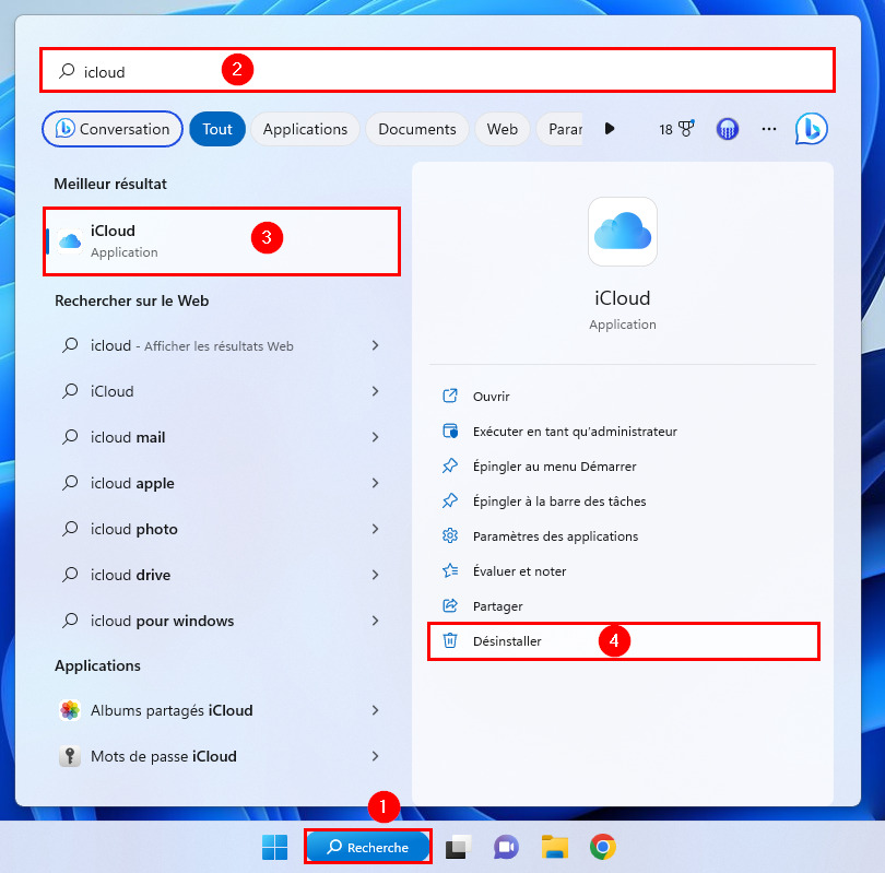Rechercher iCloud pour Windows pour le désinstaller