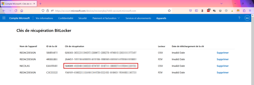BitLocker bloque mon PC - clés de récupération sauvegardées sur compte Microsoft