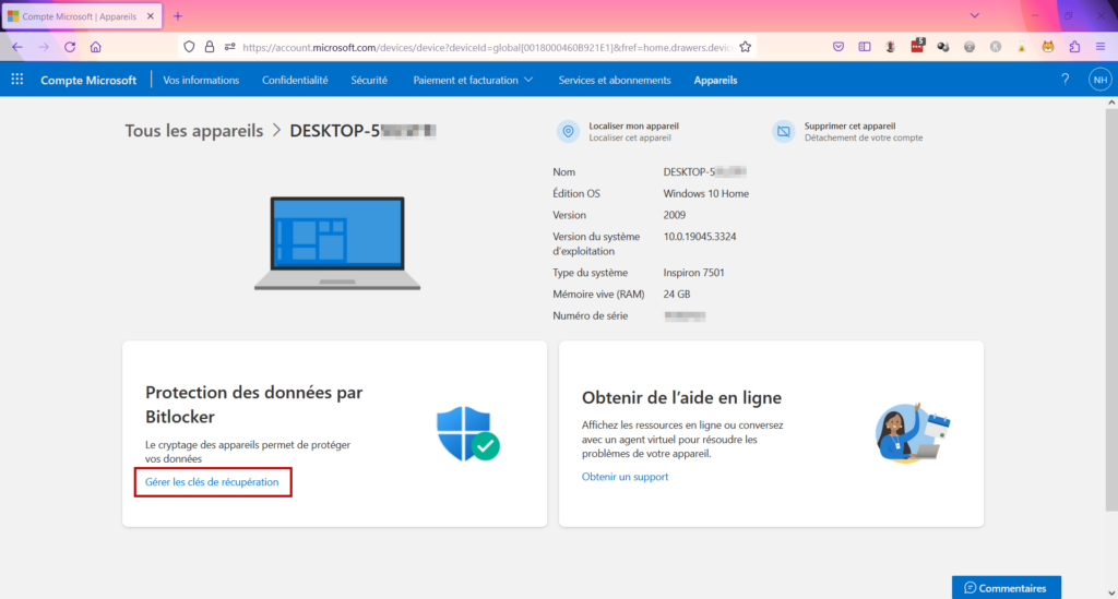 BitLocker bloque mon PC - Ouvrir gérer les clés de récupération