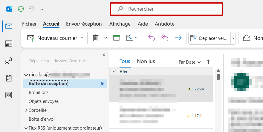 Outlook afficher les non lus ouvrir barre de Recherche