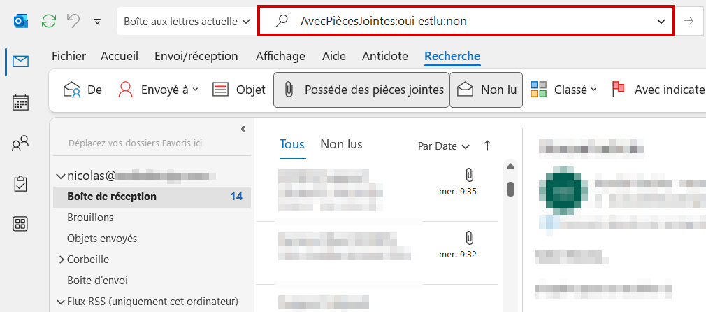 Outlook recherche de messages non lus avec pièce jointe