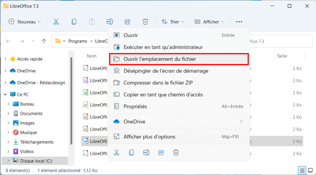 Raccourci Bureau Win 11 Ouvrir emplacement du fichier de l'application