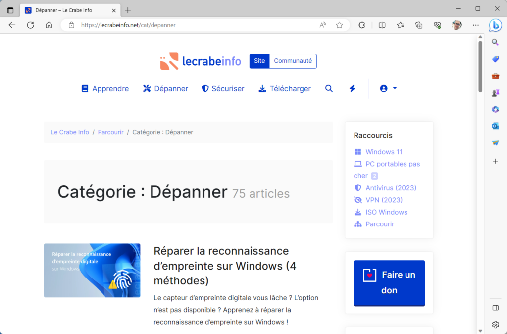Raccourci Bureau Win 11 Site internet préféré Catégorie Dépanner LeCrabeInfo