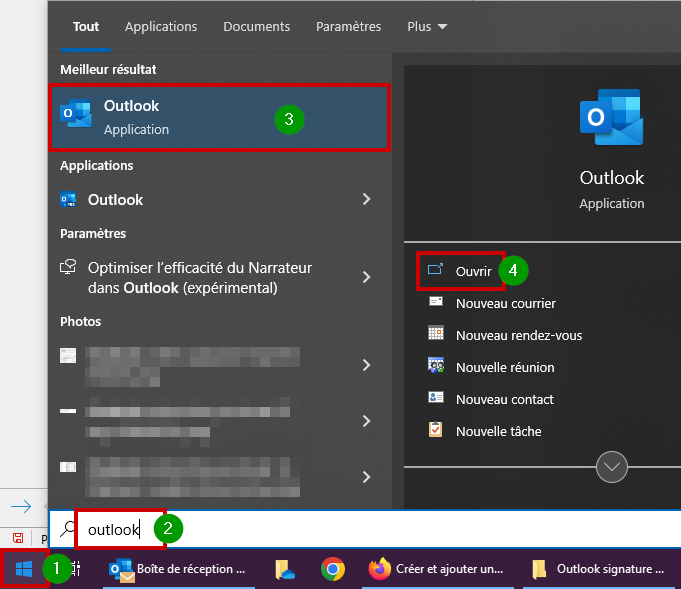 Outlook créer signature mail - Ouvrir Outlook via menu Démarrer