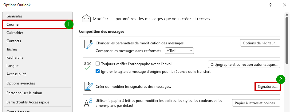 Outlook créer signature mail - Entrer dans Courrier et Signatures