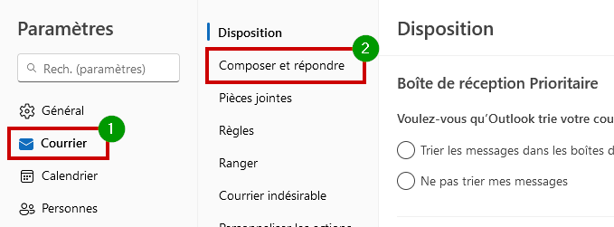 Outlook.com créer signature mail - Courrier puis Composer et répondre