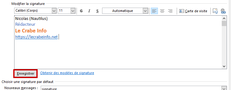 Outlook.com créer signature mail - Enregistrer nouvelle signature