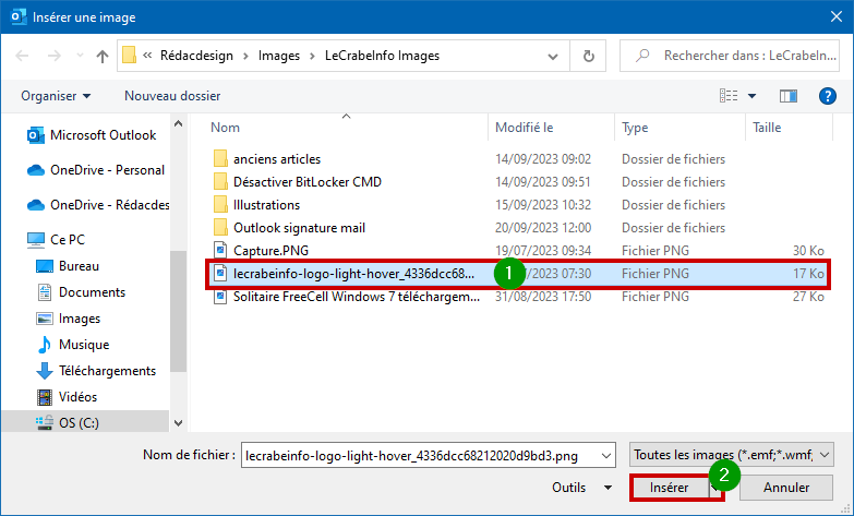 Outlook créer signature mail - choisir image et insérer