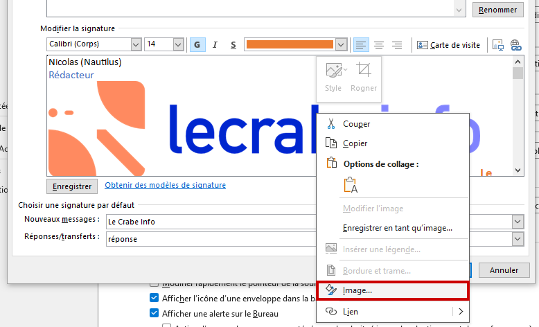 Outlook créer signature mail - éditer image
