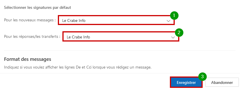 Outlook.com créer signature mail - Sélectionner signature pour réponse