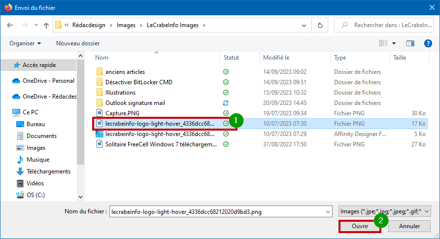 Outlook.com créer signature mail - ouvrir image à insérer