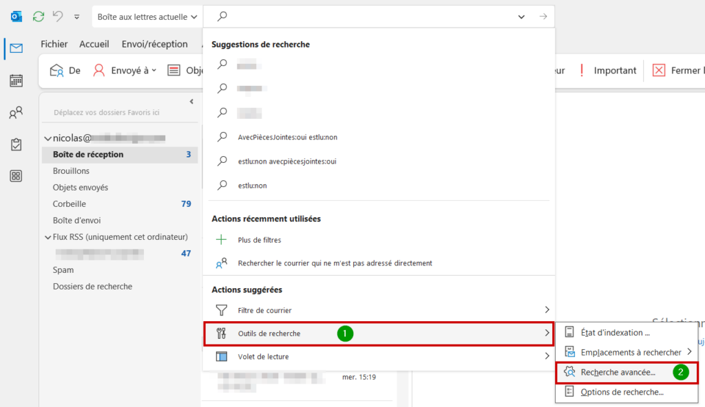 Outlook recherche mail par date Outils de recherche avancée