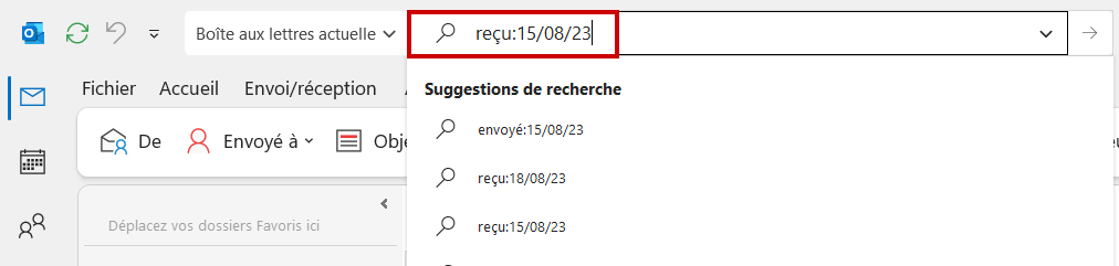 Outlook recherche mail par date Taper formule et Entrée