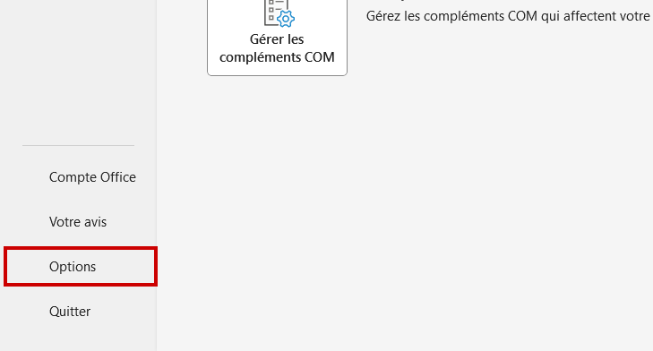 Outlook ajouter onglet Recherche Entrer dans Options